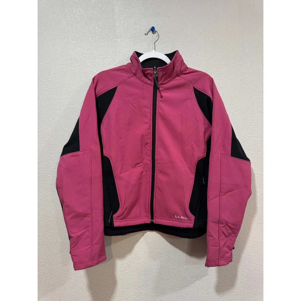 LL Bean Womens Softshell Jacket Pink Black Full Zip Fleece Lined Large 0CCV1